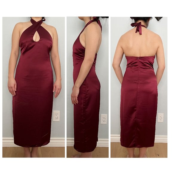NWT JASON WU  Burgundy Plunging U-Neckline Halter Satin Dress - Small - Picture 15 of 16